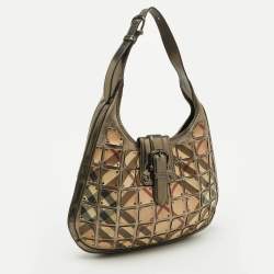 Burberry Metallic/Beige Nova Check PVC and Leather Studded Brooke Warrior Hobo