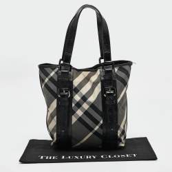 Burberry Grey/Black Beat Check Nylon and Patent Leather Lowry Tote