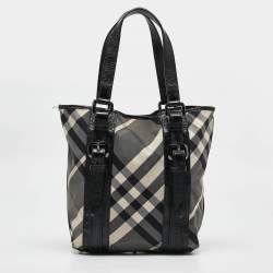 Burberry Grey/Black Beat Check Nylon and Patent Leather Lowry Tote