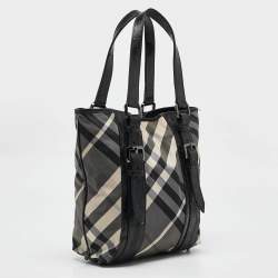 Burberry Grey/Black Beat Check Nylon and Patent Leather Lowry Tote