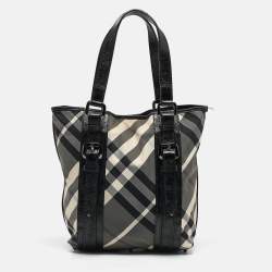 Burberry Grey/Black Beat Check Nylon and Patent Leather Lowry Tote