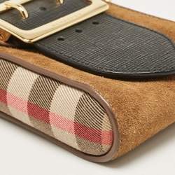Burberry Black/Brown House Check Canvas and Leather Vertical Belt Buckle Bag