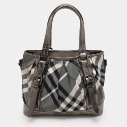 Burberry Grey/Black Beat Check Nylon and Patent Leather Lowry Tote