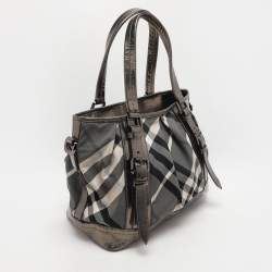 Burberry Grey/Black Beat Check Nylon and Patent Leather Lowry Tote