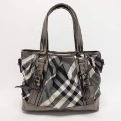 Burberry Grey/Black Beat Check Nylon and Patent Leather Lowry Tote