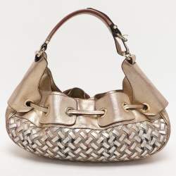 Pre Owned Burberry Gold/Beige Haymarket Check Coated Canvas and Leather Warrior Hobo
