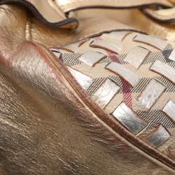 Pre Owned Burberry Gold/Beige Haymarket Check Coated Canvas and Leather Warrior Hobo