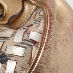 Pre Owned Burberry Gold/Beige Haymarket Check Coated Canvas and Leather Warrior Hobo