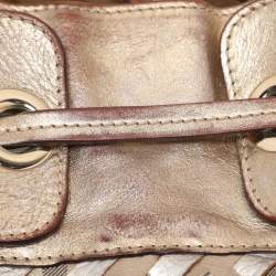 Pre Owned Burberry Gold/Beige Haymarket Check Coated Canvas and Leather Warrior Hobo
