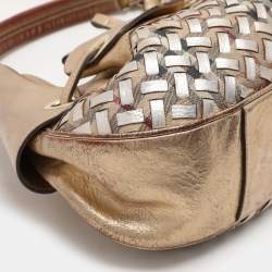 Pre Owned Burberry Gold/Beige Haymarket Check Coated Canvas and Leather Warrior Hobo