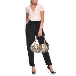 Pre Owned Burberry Gold/Beige Haymarket Check Coated Canvas and Leather Warrior Hobo