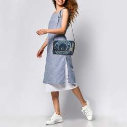 Pre Owned Burberry Blue/Black Denim and Leather Medium Note Logo Shoulder Bag