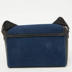 Pre Owned Burberry Blue/Black Denim and Leather Medium Note Logo Shoulder Bag