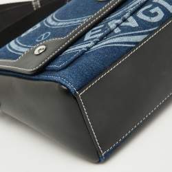 Pre Owned Burberry Blue/Black Denim and Leather Medium Note Logo Shoulder Bag