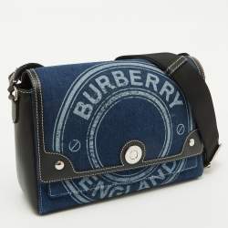 Pre Owned Burberry Blue/Black Denim and Leather Medium Note Logo Shoulder Bag