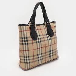Pre Owned Burberry Beige Haymarket Check Coated Canvas and Leather On Slow Tote