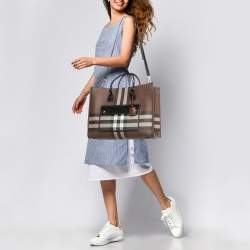 Pre Owned Burberry Dark Birch Brown Check Coated Canvas and Leather Medium Freya Tote