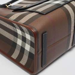 Pre Owned Burberry Dark Birch Brown Check Coated Canvas and Leather Medium Freya Tote