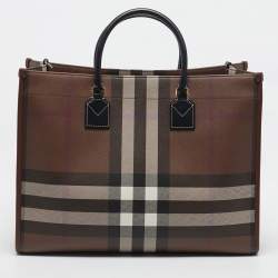 Pre Owned Burberry Dark Birch Brown Check Coated Canvas and Leather Medium Freya Tote