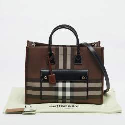Pre Owned Burberry Dark Birch Brown Check Coated Canvas and Leather Medium Freya Tote