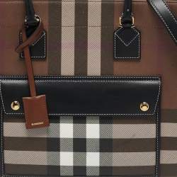 Pre Owned Burberry Dark Birch Brown Check Coated Canvas and Leather Medium Freya Tote
