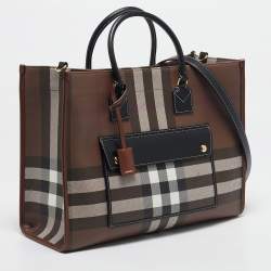 Pre Owned Burberry Dark Birch Brown Check Coated Canvas and Leather Medium Freya Tote