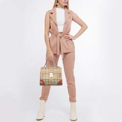 Burberry Beige/Brown Haymarket Coated Canvas and Leather Pushlock Top Handle Bag