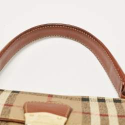 Burberry Beige/Brown Haymarket Coated Canvas and Leather Pushlock Top Handle Bag