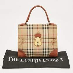 Burberry Beige/Brown Haymarket Coated Canvas and Leather Pushlock Top Handle Bag