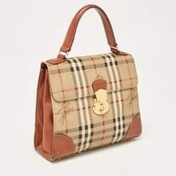 Burberry Beige/Brown Haymarket Coated Canvas and Leather Pushlock Top Handle Bag