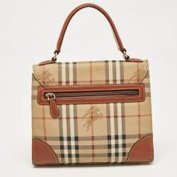 Burberry Beige/Brown Haymarket Coated Canvas and Leather Pushlock Top Handle Bag