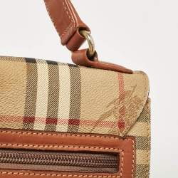 Burberry Beige/Brown Haymarket Coated Canvas and Leather Pushlock Top Handle Bag