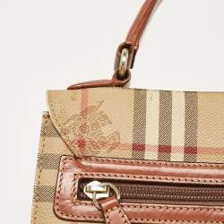 Burberry Beige/Brown Haymarket Coated Canvas and Leather Pushlock Top Handle Bag