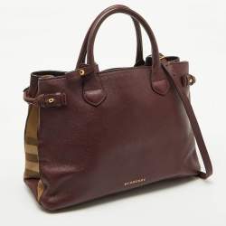 Burberry Burgundy/Beige Leather and House Check Canvas Medium Banner Tote