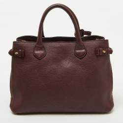 Burberry Burgundy/Beige Leather and House Check Canvas Medium Banner Tote
