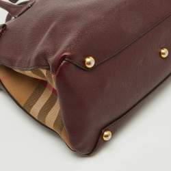 Burberry Burgundy/Beige Leather and House Check Canvas Medium Banner Tote