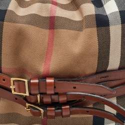 Pre Owned Burberry Brown/Beige Leather and House Check Canvas Medium Bridle Gosford Hobo