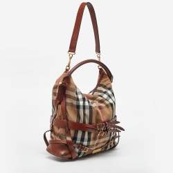 Pre Owned Burberry Brown/Beige Leather and House Check Canvas Medium Bridle Gosford Hobo