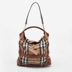 Pre Owned Burberry Brown/Beige Leather and House Check Canvas Medium Bridle Gosford Hobo