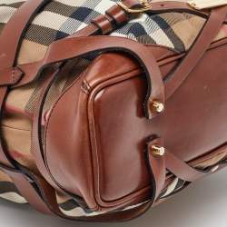 Pre Owned Burberry Brown/Beige Leather and House Check Canvas Medium Bridle Gosford Hobo
