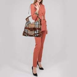 Pre Owned Burberry Brown/Beige Leather and House Check Canvas Medium Bridle Gosford Hobo