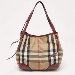 Burberry Burgundy/Beige House Check Fabric Small Canterbury Tote