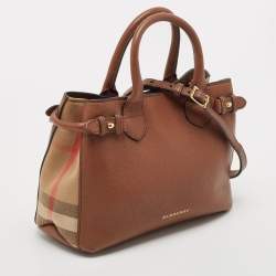 Burberry Brown/Beige House Check Fabric and Leather Small Banner Tote