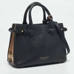 مملوكة مسبقًا Burberry Black/Beige Leather and House Check Fabric Small Banner Tote
