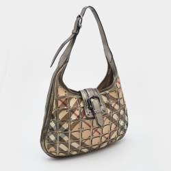 Burberry Metallic/Beige Nova Check Coated Canvas and Leather Brooke Warrior Hobo