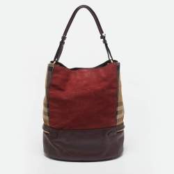 Burberry Burgundy/Beige House Check Canvas and Leather Beckett Bucket Bag