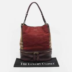 Burberry Burgundy/Beige House Check Canvas and Leather Beckett Bucket Bag
