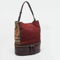 Burberry Burgundy/Beige House Check Canvas and Leather Beckett Bucket Bag