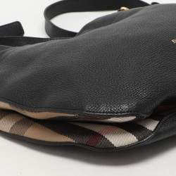Burberry Black/Beige Leather and House Check Canvas Bingley Drawstring Bucket Bag