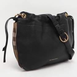 Burberry Black/Beige Leather and House Check Canvas Bingley Drawstring Bucket Bag